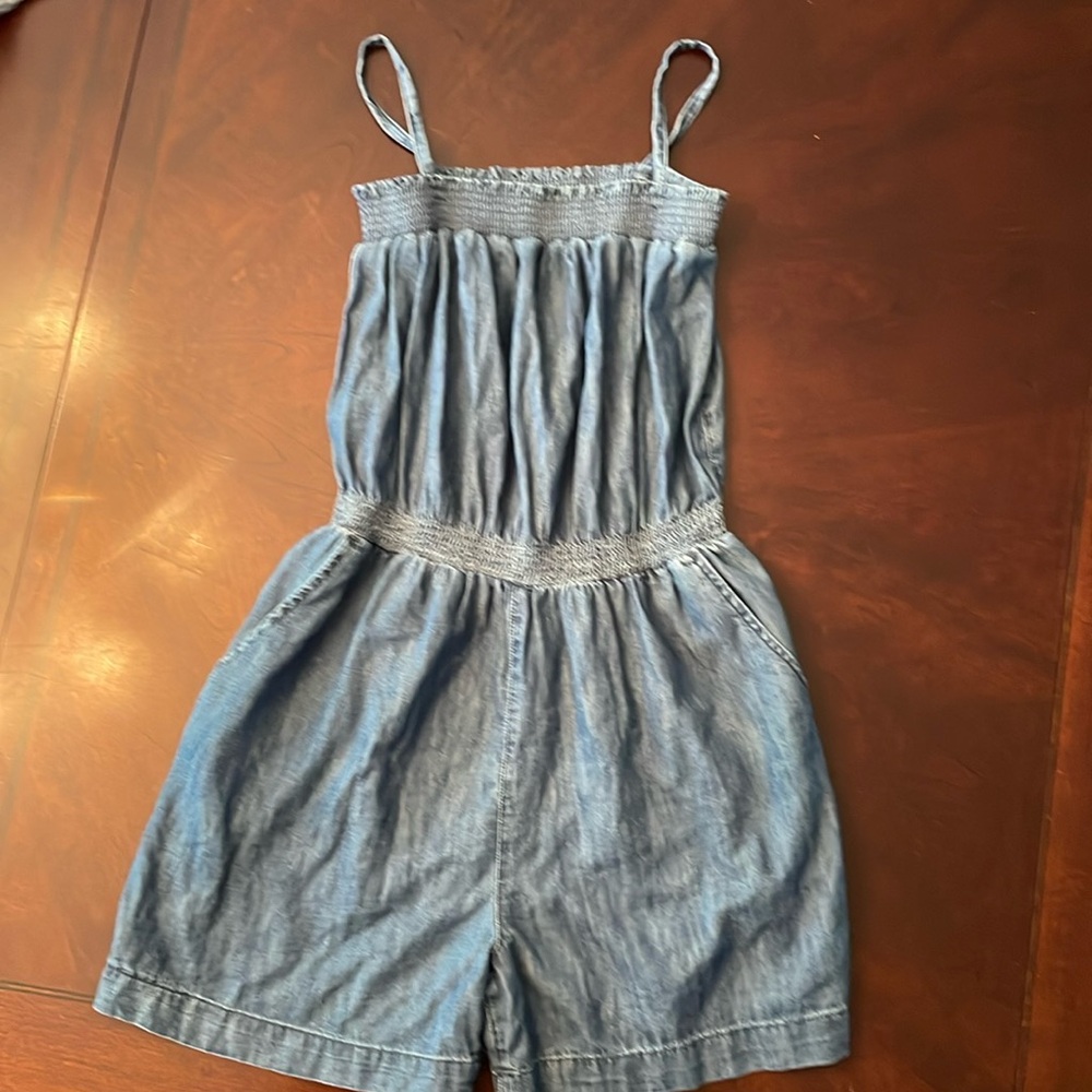 Gap Girls denim romper, spaghettii strap, pockets, gathered top/waist, size XXL
